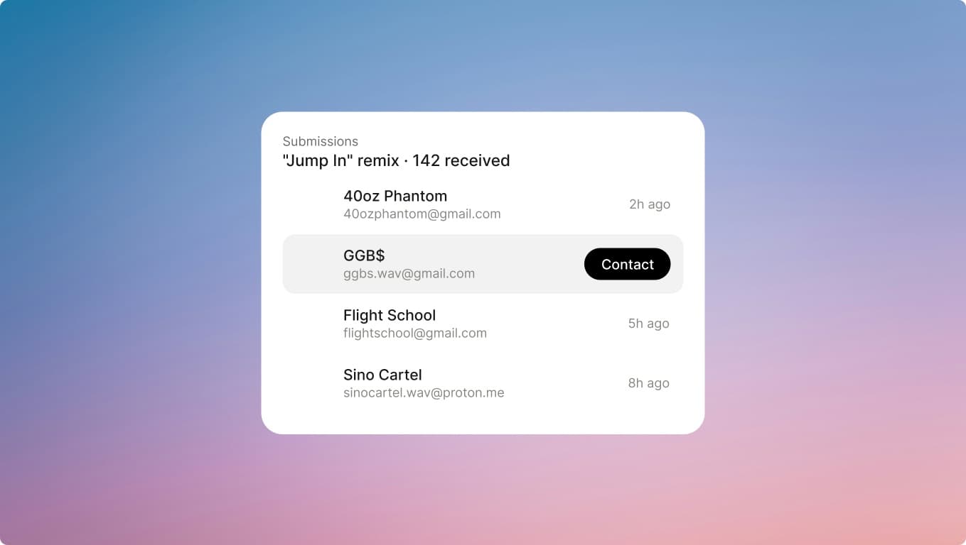 A submissions list where every remix carries the remixer's name and email