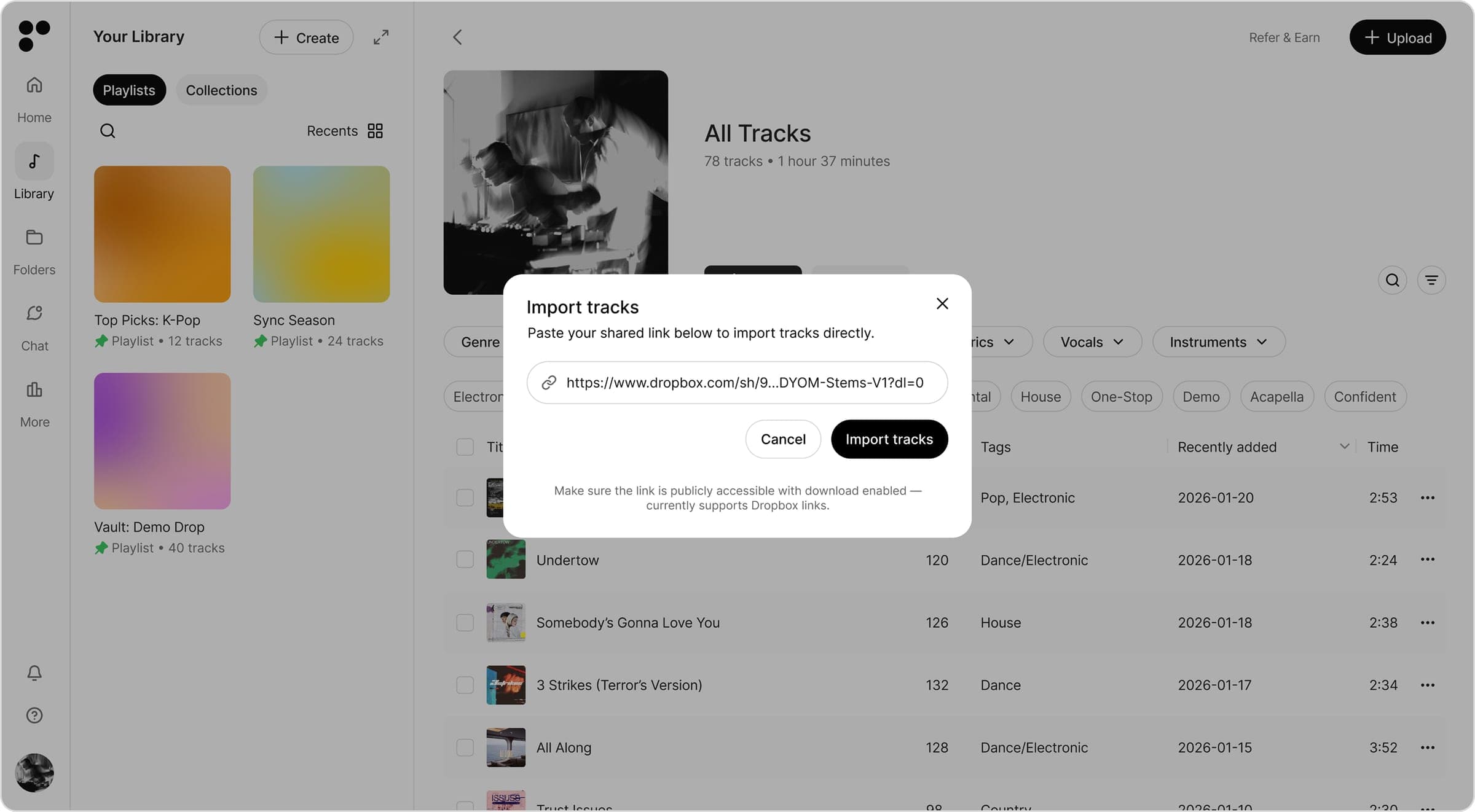 Importing tracks from Dropbox into Postal