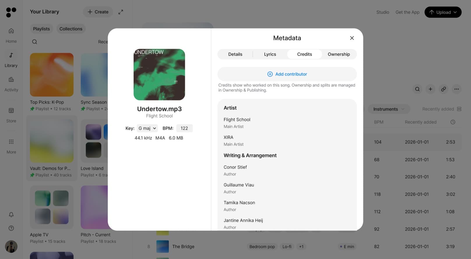 Track credits listing contributors and roles